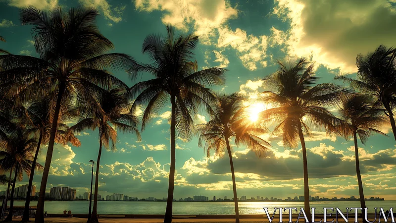 Palm-lined waterfront at sunset with distant city skyline.
