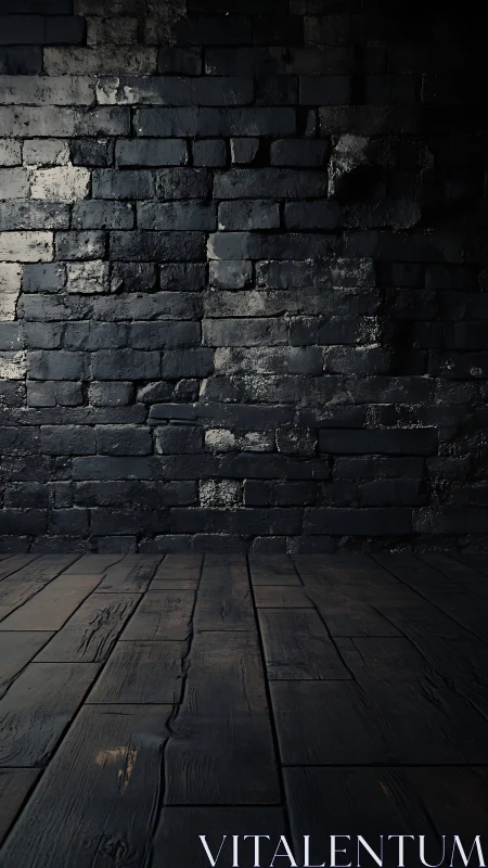 Moody black brick wall with distressed wooden floor panorama.