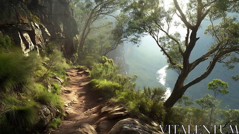 Sunlit cliffside trail overlooks winding river gorge below