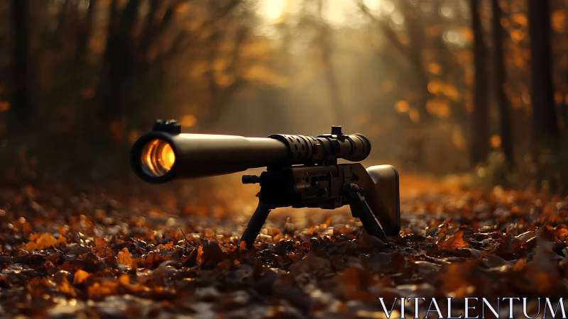 Autumn sniper rifle resting quiet in molten forest light.