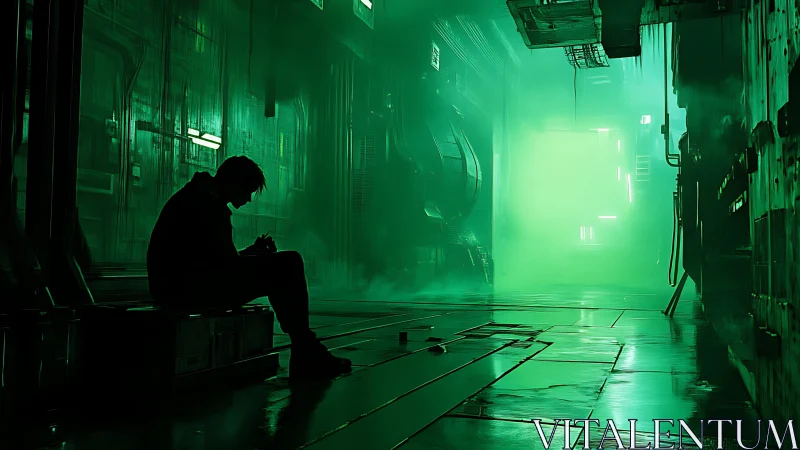Silhouetted figure in green industrial corridor interior scene.