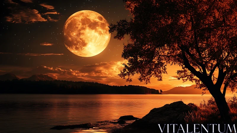 Glowing harvest moon welcomes a calm lakeside evening