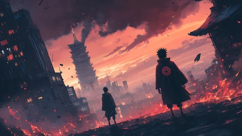 Apocalyptic anime skyline with cloaked warriors at dusk.