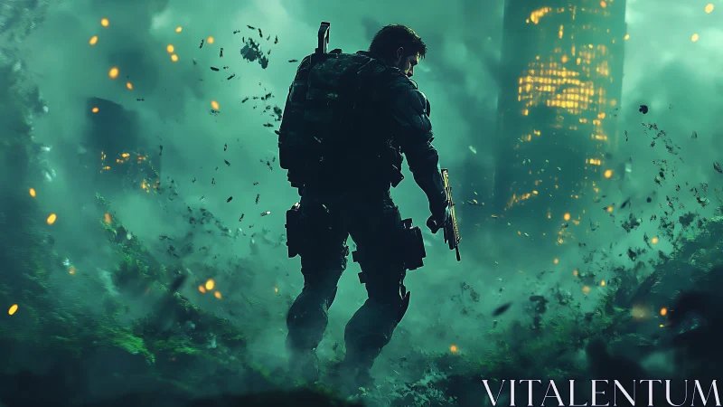 Heavily armed soldier in toxic green post-apocalyptic ruins