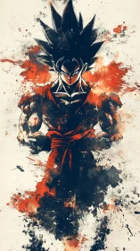 Explosive anime warrior portrait in ink-splatter style.