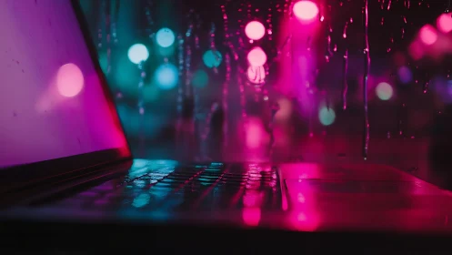 Neon-lit laptop keyboard near rain streaked window at night