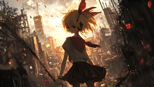 Anime schoolgirl silhouetted against dense urban skyline.