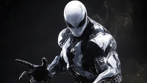Chrome symbiote warrior poised in dramatic low lighting.