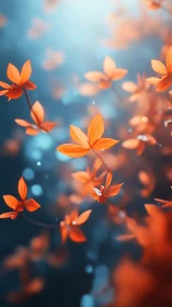 Orange floral elements against soft blue bokeh background.