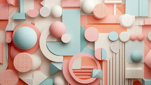 Geometric pastel relief with layered spheres and arches.