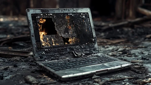 Burned laptop shows fire-damaged screen and melted chassis
