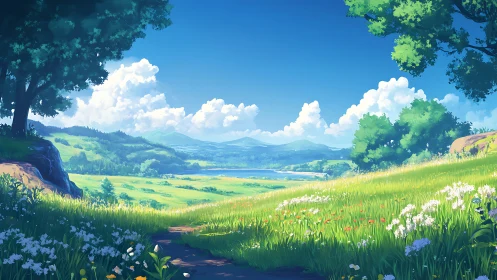 Sunlit valley path overlooks distant lake and rolling hills