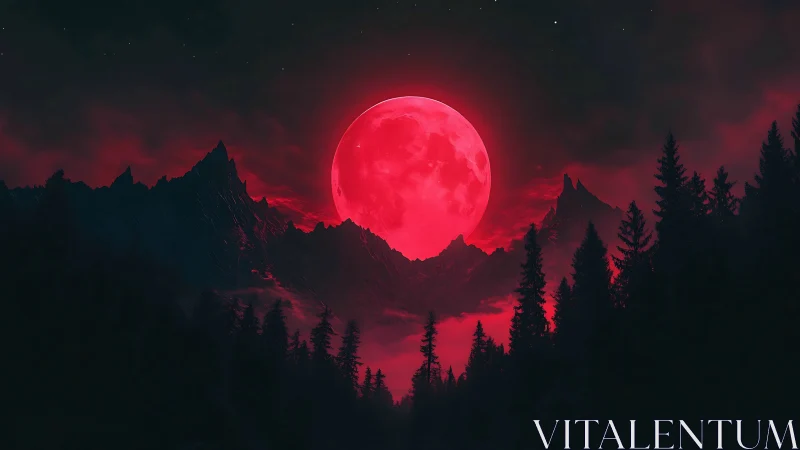 Red full moon rises above dark conifer forest and peaks