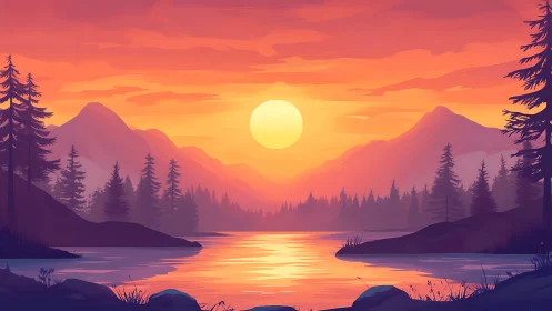 Sunset bathes tranquil mountain lake in glowing amber light.