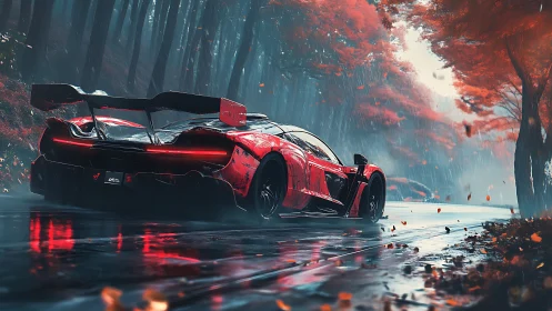 Digital painting of red hypercar on wet autumn forest road.