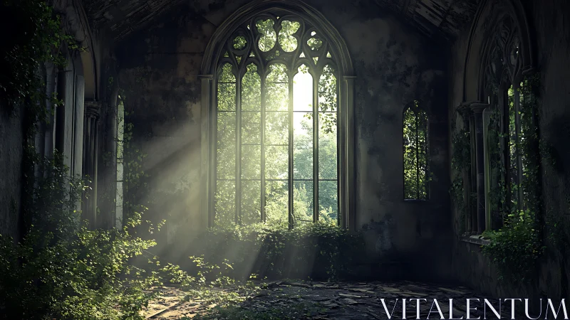 Light enters an overgrown gothic interior through tall windows