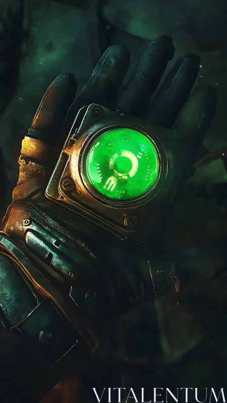 Wanderer&rsquo;s gauntlet cradling a neon green time compass.
