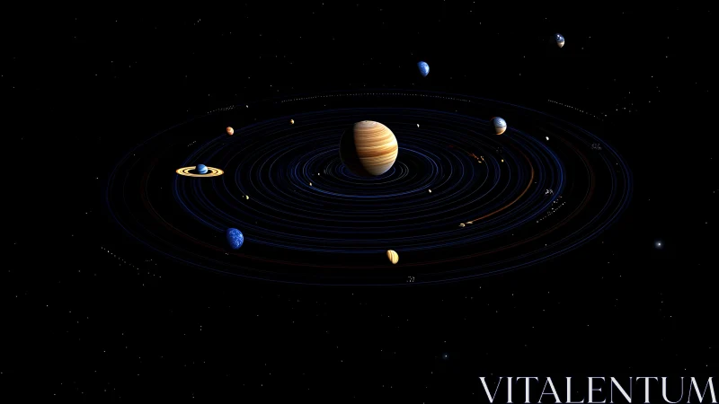 Stylized solar system orbits glow against deep space backdrop