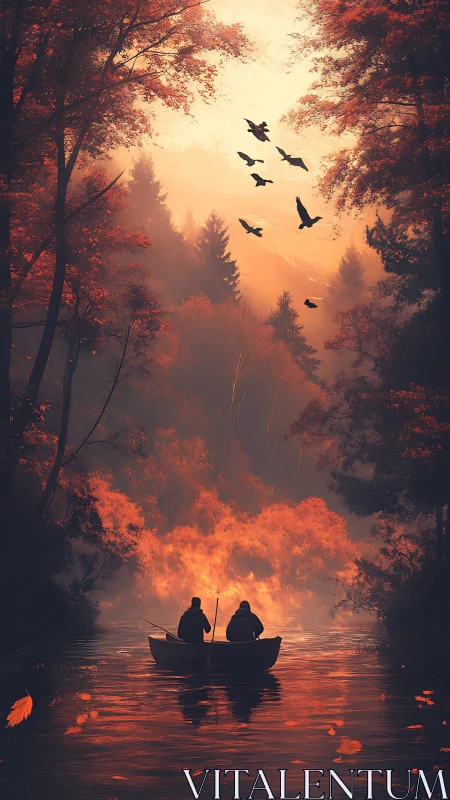 Golden autumn river glows as two friends quietly explore