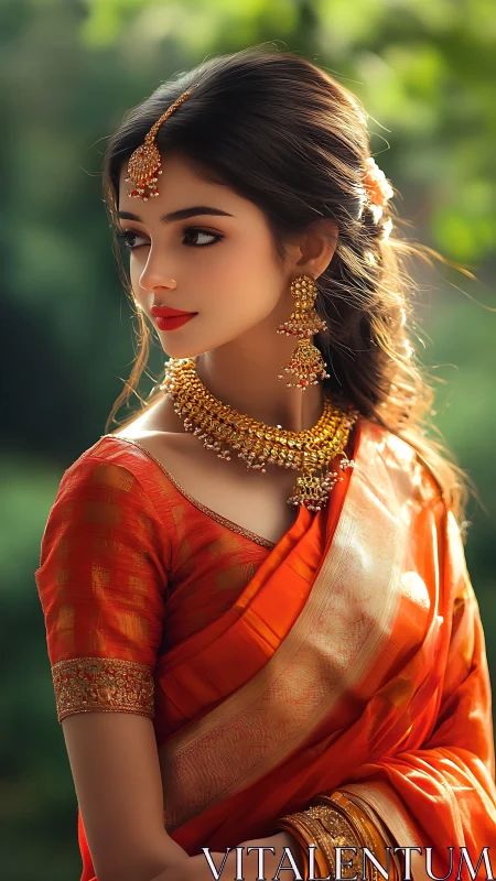 Woman in orange silk saree with gold jewelry outdoors.