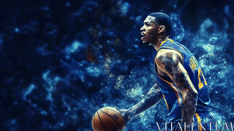 Stellar point guard drives through a cosmic blue blaze.