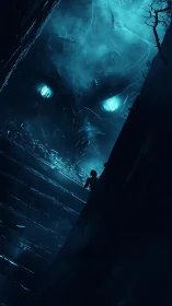 Lone explorer meets a vast glowing-eyed shadow in blue mist.