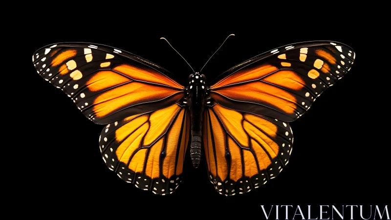 Monarch butterfly wingspan in sharp high-contrast detail.