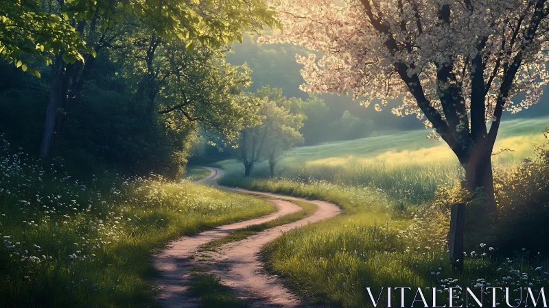 Sunlit Winding Path in Lush Spring Countryside Landscape.