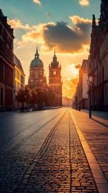 Sunlit European boulevard with baroque domes at sunset.