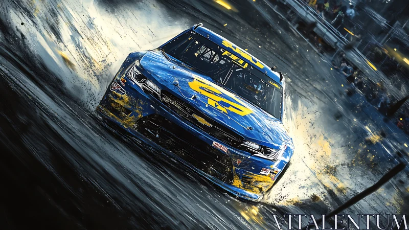 Blue stock car on wet track with motion blur and debris.