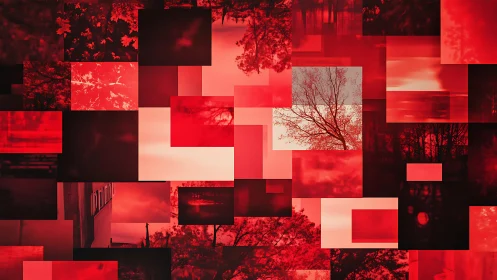 Red gradient collage merges abstract squares with trees
