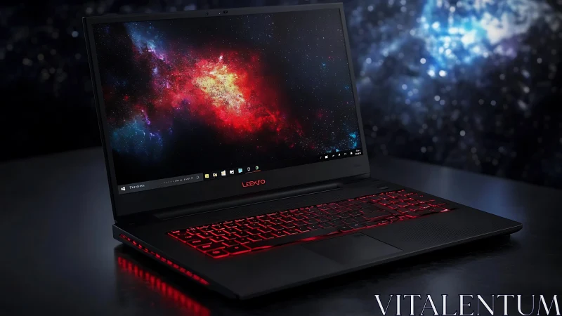 Starlit gaming laptop ignites galaxies on a crimson keyboard.