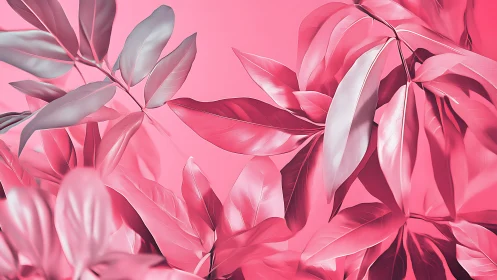 Pink tropical foliage glows under soft monochrome light.