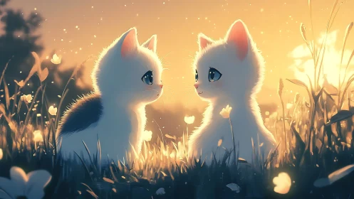 Luminescent Feline Dyad in Golden Hour Atmospheric Field.
