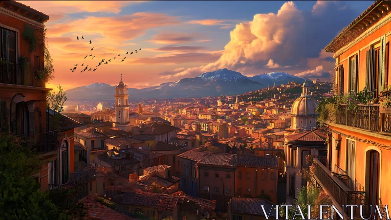 Digital cityscape shows dense rooftops under sunset sky