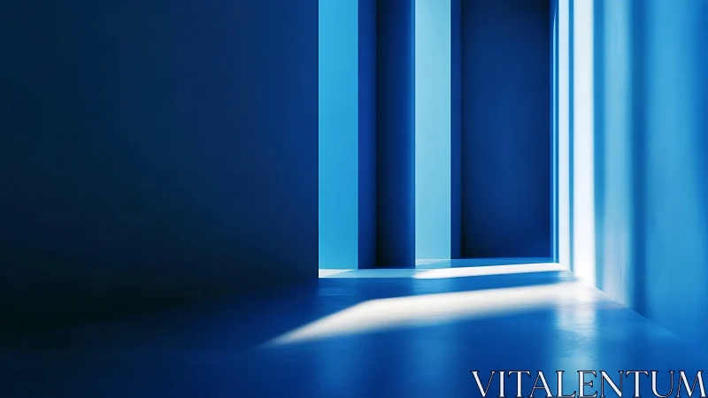 Minimal blue corridor with strong geometric light and shadow