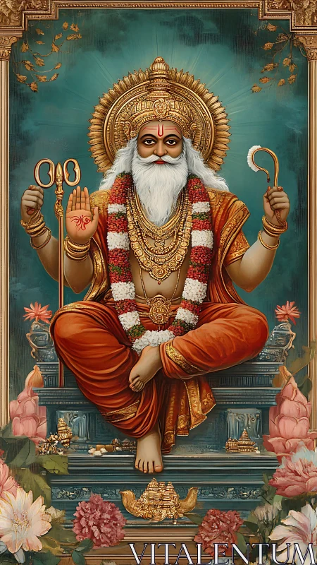 Hindu sage deity seated on ornate throne with lotus flowers.