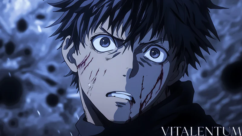 Injured anime character stares forward against blurred backdrop