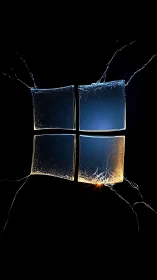 Glowing cracked glass window logo on dark background.
