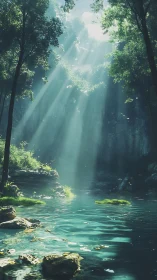 Volumetric sunbeams over turquoise forest pool in canyon