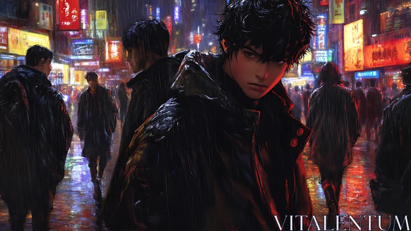 Young figure in rain-soaked neon city street at night.