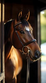 Elegant bay horse gazes from stable doorway in warm light.