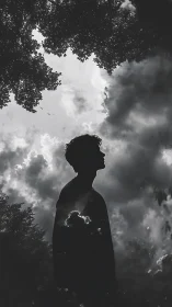 Silhouetted person stands beneath overcast sky and trees