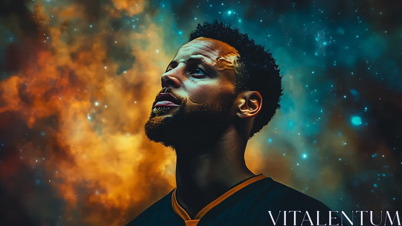 Cosmic-lit basketball portrait with nebular chromatic backfield.