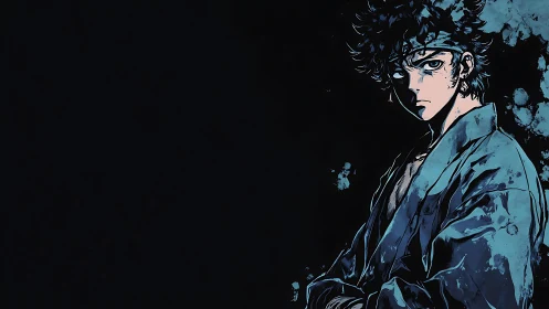 Stylized anime warrior portrait with high-contrast negative space.