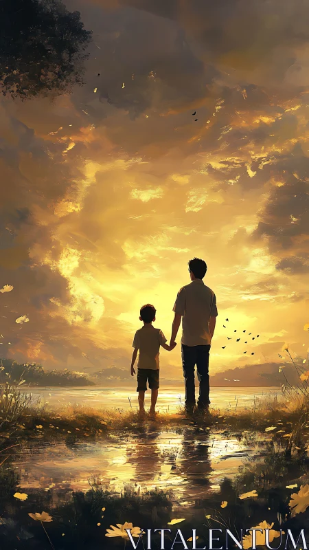 Silhouetted figures at lakeside under illuminated sky.