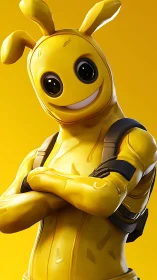 Sun-bright cartoon hero smiles boldly in glossy yellow armor.