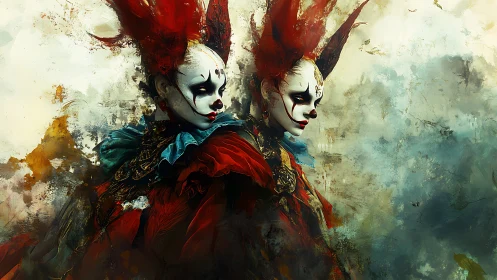 Twin harlequin phantoms in abstract crimson stormscape.