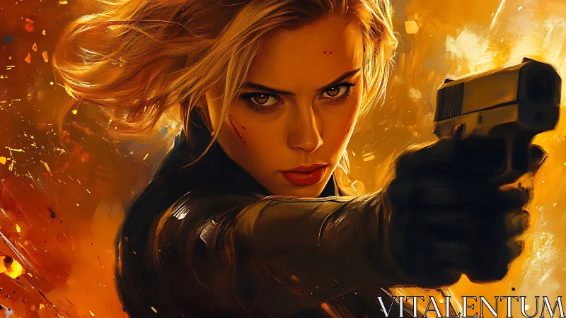 Dynamic femme agent in fiery close-range pistol standoff.