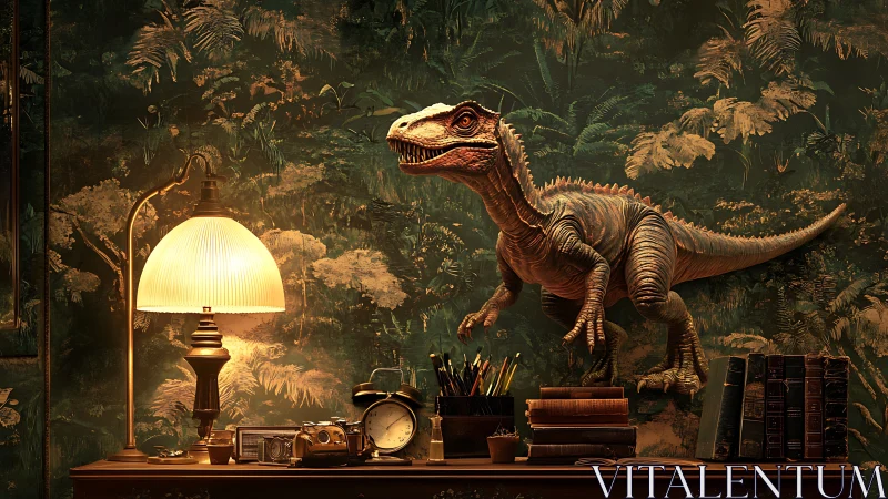 Cozy study corner watched over by a curious little dinosaur.